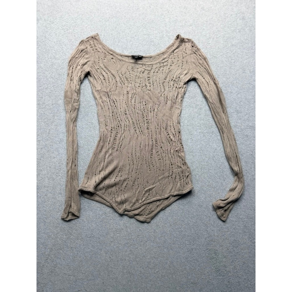 Express Womens Taupe Beige Open Knit Pointelle Long Sleeve Scoop Neck Top Size M